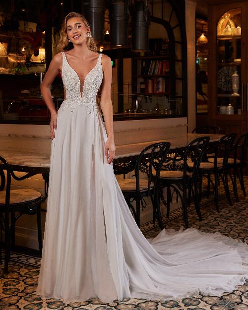 La22240 backless chiffon and lace wedding dress with plunging neckline and slit1